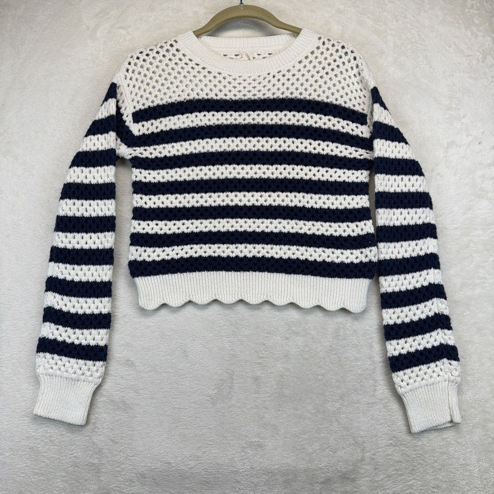J Crew Crewcuts Girls XL 12-14 Pointelle Sweater Navy Stripe Scallop Hem Preppy